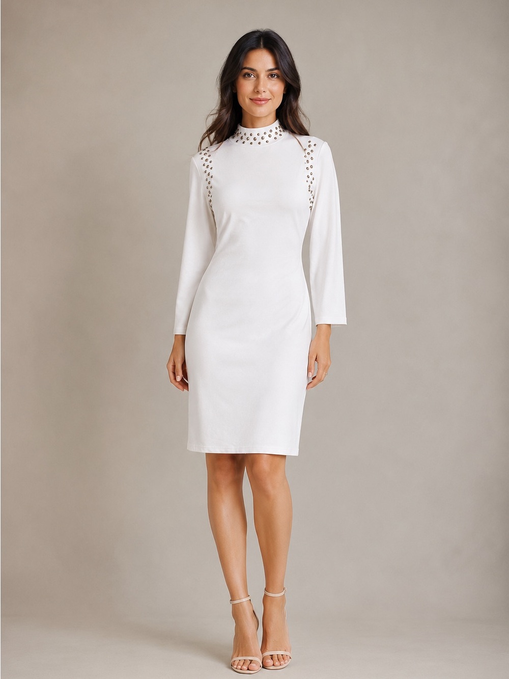 NWT Spense Elegant White Studded Long Sleeve Bodycon Dress Size 8 High Neck